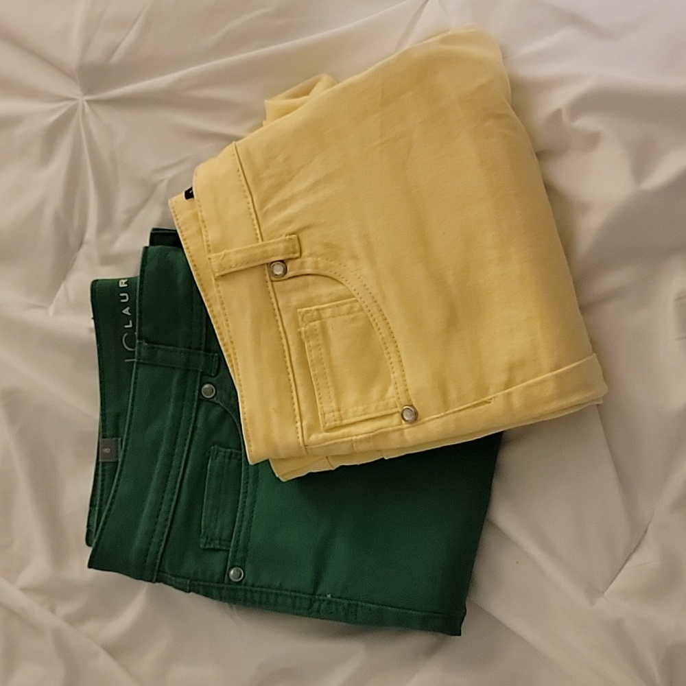 Skinny legged green pants and yellow 3/4 pants